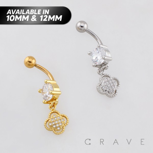 DANGLING MULTI CZ CLOVER CHARM DANGLE BELLY BUTTON NAVEL RING 316L SURGICAL STEEL